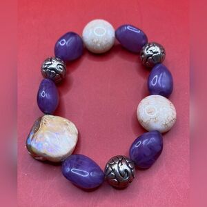 Women’s Bracelet Purple Cream Ceramic Stones Stretch 7”